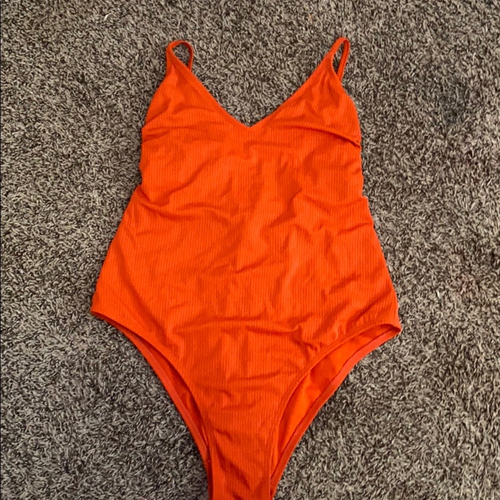 Orangeish red striped swimsuit